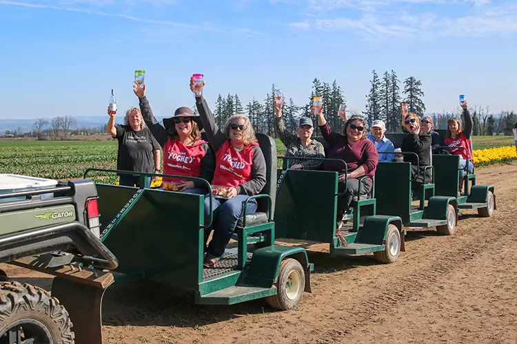 A photo of a wine tour amid the tulip fields, filled with people raising their wine glasses in a "cheers"