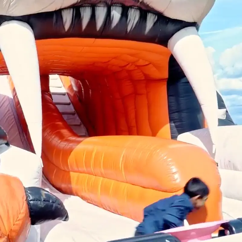 A photo from the children's play area showing a giant inflatable slide shaped like a tiger's head